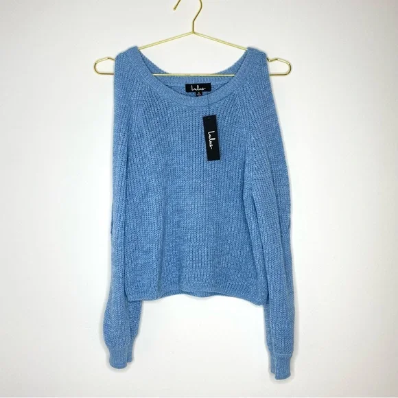 Lulu’s Artfully Inclined Open Shoulder Sweater Light Dusty Blue Knit NWT Small - Picture 5 of 13